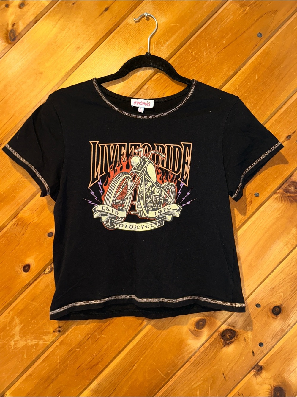 “Live to Ride" Y2K MadRag biker cropped baby tee
